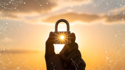 Silhouette of hands holding a padlock against a vibrant sunset sky with digital connections