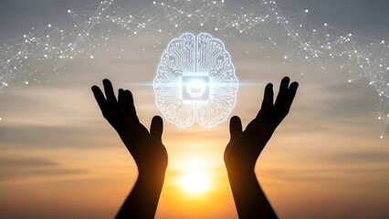 Silhouetted hands holding illuminated digital brain against a sunset sky.