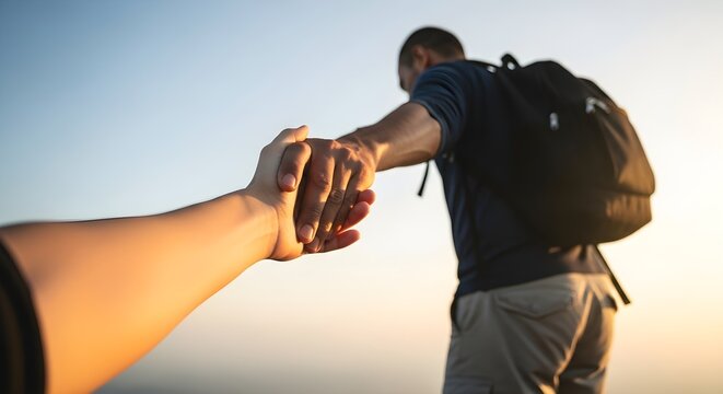 A man with a backpack holds hands with someone out of frame against a sunset or sunrise sky.