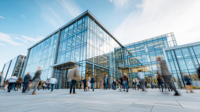 blurred motion of business people walking in front of a modern glass office building facade, professional urban lifestyle and corporate architecture concept in a bright metropolitan setting.