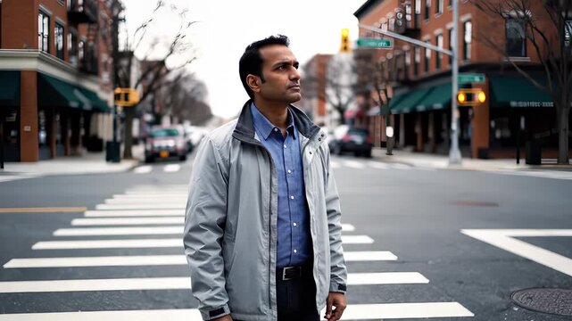 Man crossing the street in a city, looking around, urban scene.