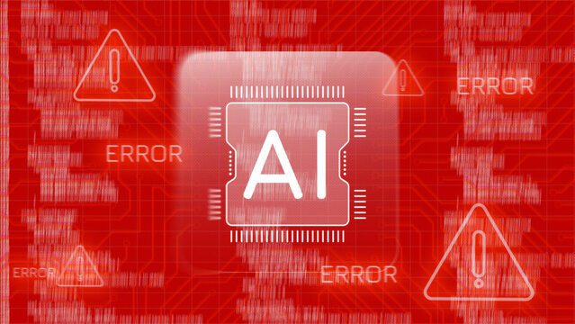 Digital display shows AI chip with error messages on a red background