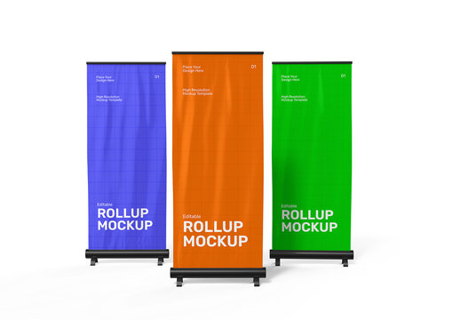 Three Advertising Roll-Up Banner Mockup Template