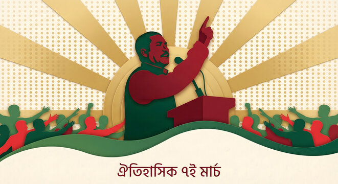 Red and green paper cut design of a political speaker, sun rays, raised hands of a crowd, and Bengali text 'Oitihashik 7i March' on an off-white background.