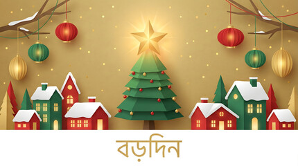 Christmas village with glowing tree and festive ornaments on warm background