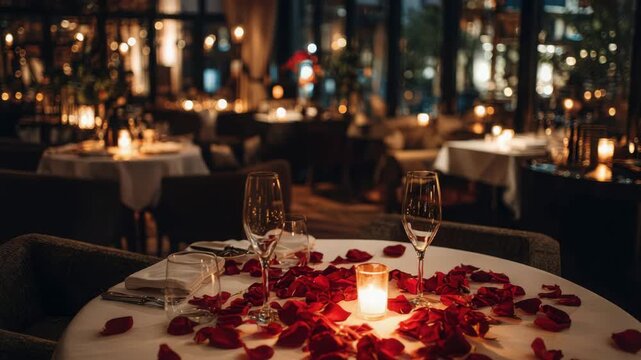 A romantic table for two in a fine dining restaurant. Candlelit dinner setting with red rose petals for a date night or anniversary celebration.