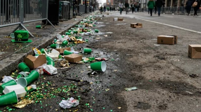 Celebrating Saint Patricks Day: aftermath of a parade with street litter and symbolic Irish elements for this holiday