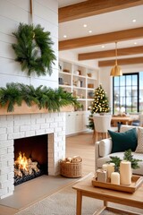 Naklejka premium Cozy living room with a lit fireplace, Christmas greenery, and festive home decor