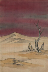 Dead Tree Silhouette in Desert Landscape with Dramatic Sky and Sand Patterns