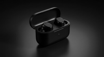 Black wireless earbuds in open charging case on dark background