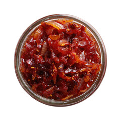 Onion chutney in glass jar, dark red-brown, with visible seeds, viewed from above