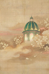 Vintage Green Lantern Glowing Softly with Cherry Blossoms on Textured Wall