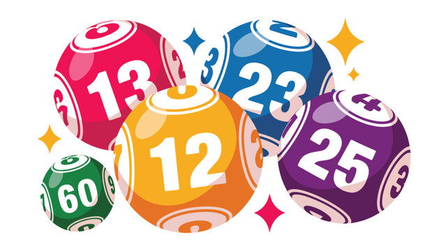 A colorful illustration of lottery balls with numbers on them, surrounded by sparkles.