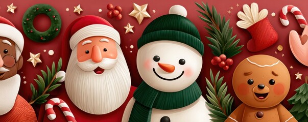 Festive Christmas montage featuring Santa, snowman, gingerbread, and cheerful decorations for family celebration