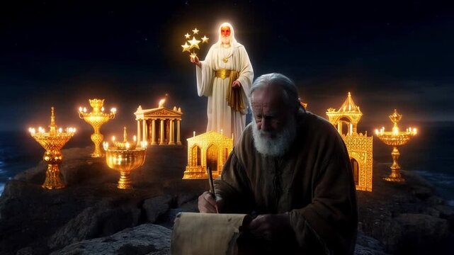John the Apostle receives a divine vision on the island of Patmos. A cinematic reenactment of the Book of Revelation with Jesus Christ, seven stars, and seven golden lampstands at night