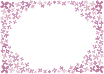 Frame with floral patterns in each corner and around background edges. Simple four petal flowers. Lilac. Different shades of dirty pink. Drawing colored pencils. White copy space. Invitation, card.