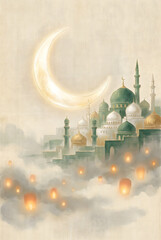 Islamic mosque minarets at night with glowing crescent moon and lanterns in foggy atmosphere