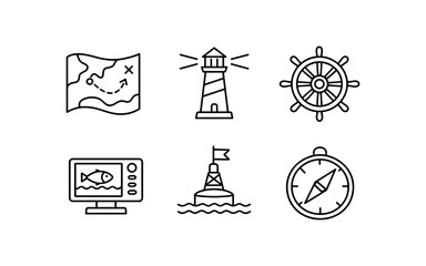 Fototapeta premium Nautical icons for navigation and sea exploration, including map, lighthouse, and compass