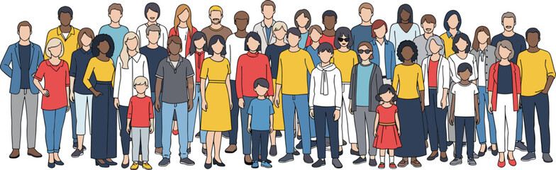 Obraz premium Diverse group of people vector illustration with multicultural crowd men women and children standing together isolated
