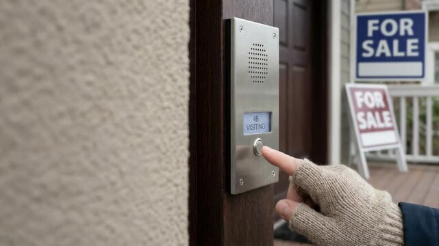 real estate agent senior clients concept. Real estate agent visiting senior clients press doorbell intercom at modern house entrance for sale viewing with winter glove visible exterior