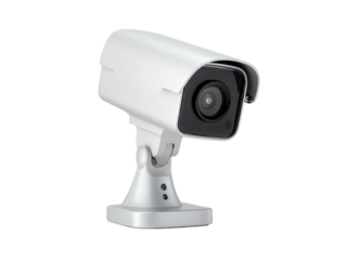White surveillance camera with black lens and adjustable mount technology security, Isolated, Png Transparent Background