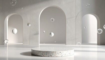 Modern architectural scene with terrazzo platform, arches, white sphere, and floating bubbles.