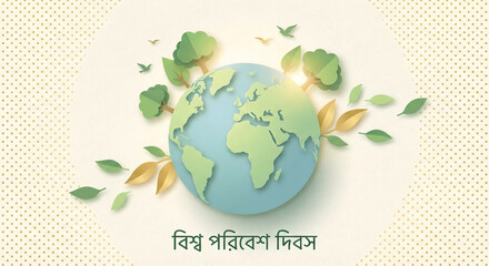Global business growth concept with illuminated world map and green leaves on light background