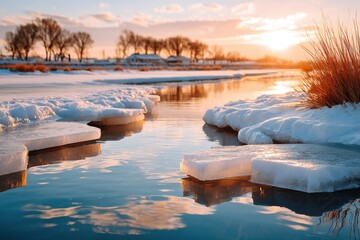 Late winter landscape with melting snow and warm sunset over a calm river