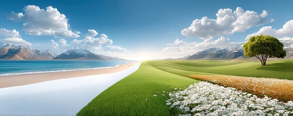 Obraz premium Landscape showing transition from winter to spring with green fields, daisies, and mountains