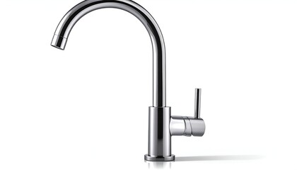 Shiny chrome kitchen faucet, curved spout, single lever handle, on white background