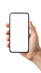 Hand holding smartphone isolated on transparent background