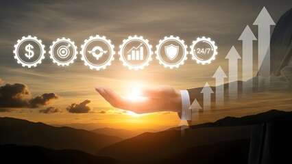 Business growth concept with icons over a mountain sunset background
