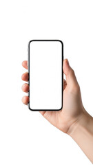 Hand holding smartphone isolated on transparent background