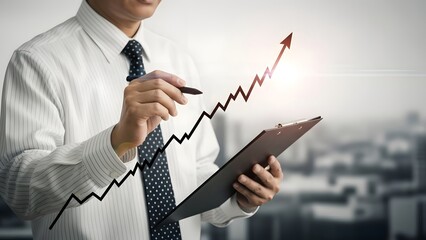 Businessman analyzing upward financial graphs on a digital tablet in a modern office