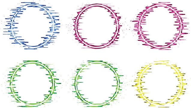 Glitch oval frame vector set with colorful distorted circular borders digital noise effect illustration isolated