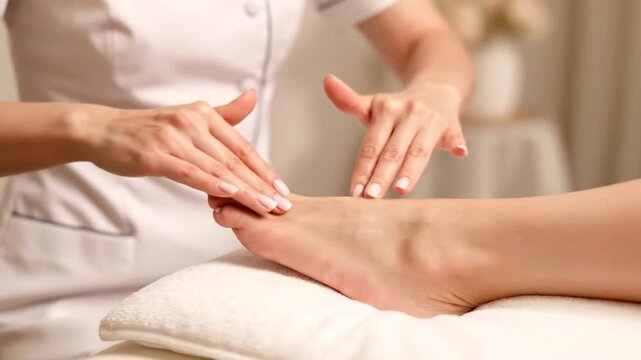 Hands massage a foot resting on a white towel