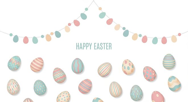 Happy Easter Background with Colorful Decorated Eggs and Garland