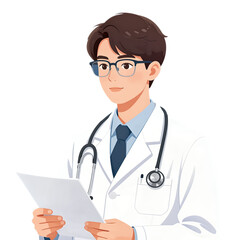 Fototapeta premium Young male doctor in white coat holding clipboard