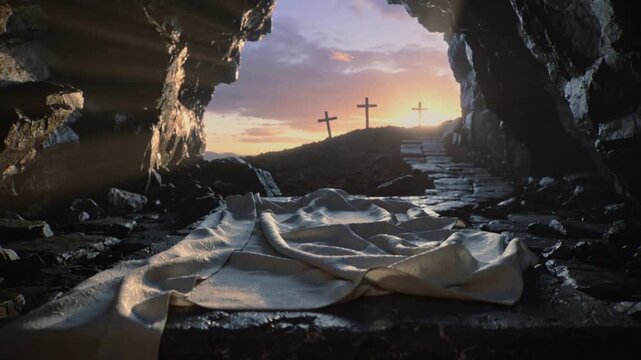 Jesus empty tomb at sunrise easter