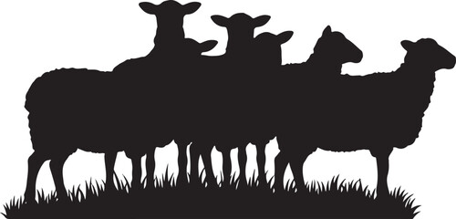 Fototapeta premium Flock of Sheep Silhouette Vector Illustration. Farm Animals Grazing in Field Graphic. 