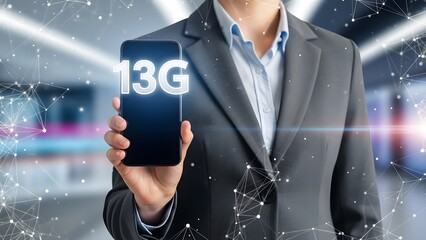 Businessman holding a futuristic tablet displaying the number 13g in a tech-centric environment