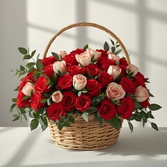 Luxury Valentine&rsquo;s Day Flower Basket with Red Roses and Pink Blooms on Clean Background