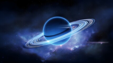 A radiant ringed planet shines amidst cosmic clouds a futuristic vision of deep space exploration awaits