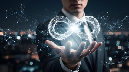 Businessman holding a glowing infinity symbol in a futuristic digital network environment