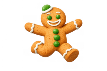 Gingerbread man cookie running with green icing, celebrating christmas holiday and winter season, transparent background