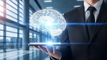 Businessman holding a tablet displaying a glowing digital brain icon