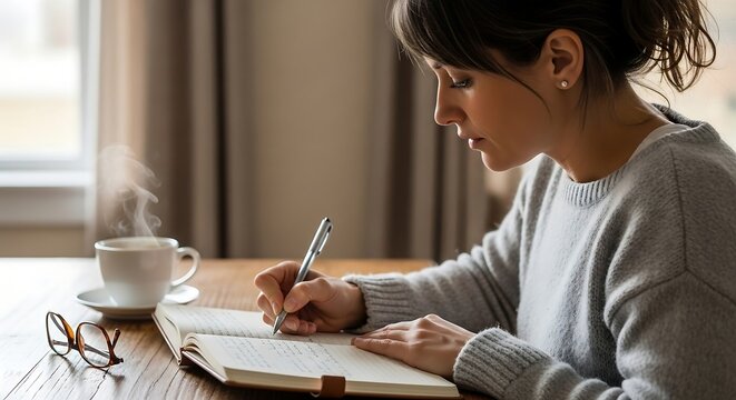 Pensive woman journaling with warm beverage