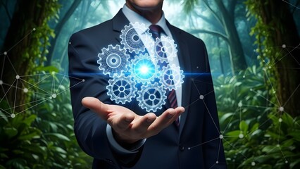 Businessman holding holographic gears in hands in a forest