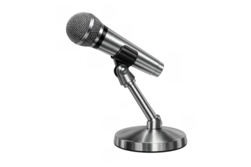 Professional metal microphone on stand for recording audio, broadcasting, podcasting, and vocal performances, transparent background