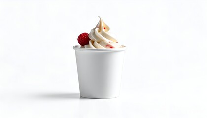 A swirl of creamy dessert with a raspberry in a plain white cup, on a white background